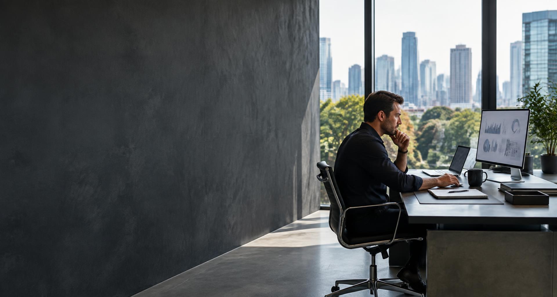 Entrepreneur planning at a desk overlooking the city